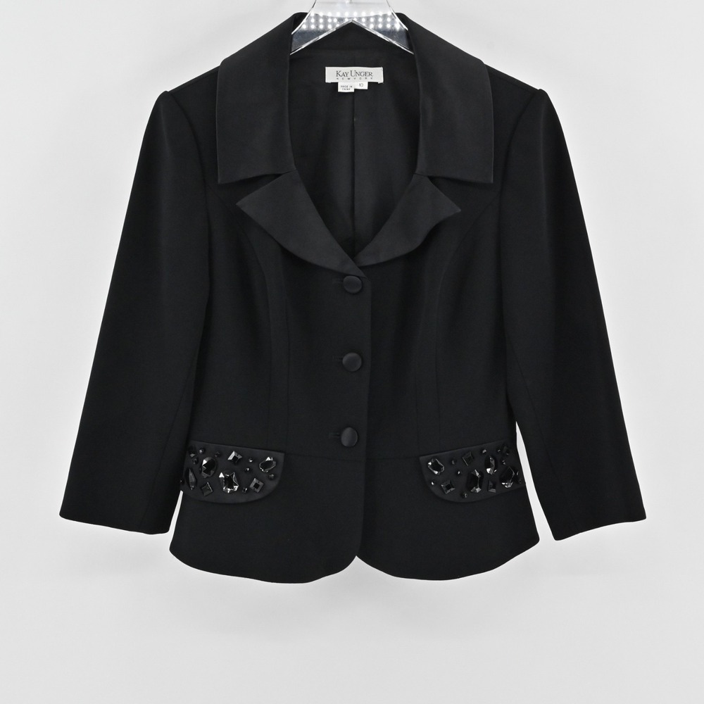 Vtg 90s Kay Unger Womens Embellished Jewel Silk Blazer Sz 10 Black Career Formal